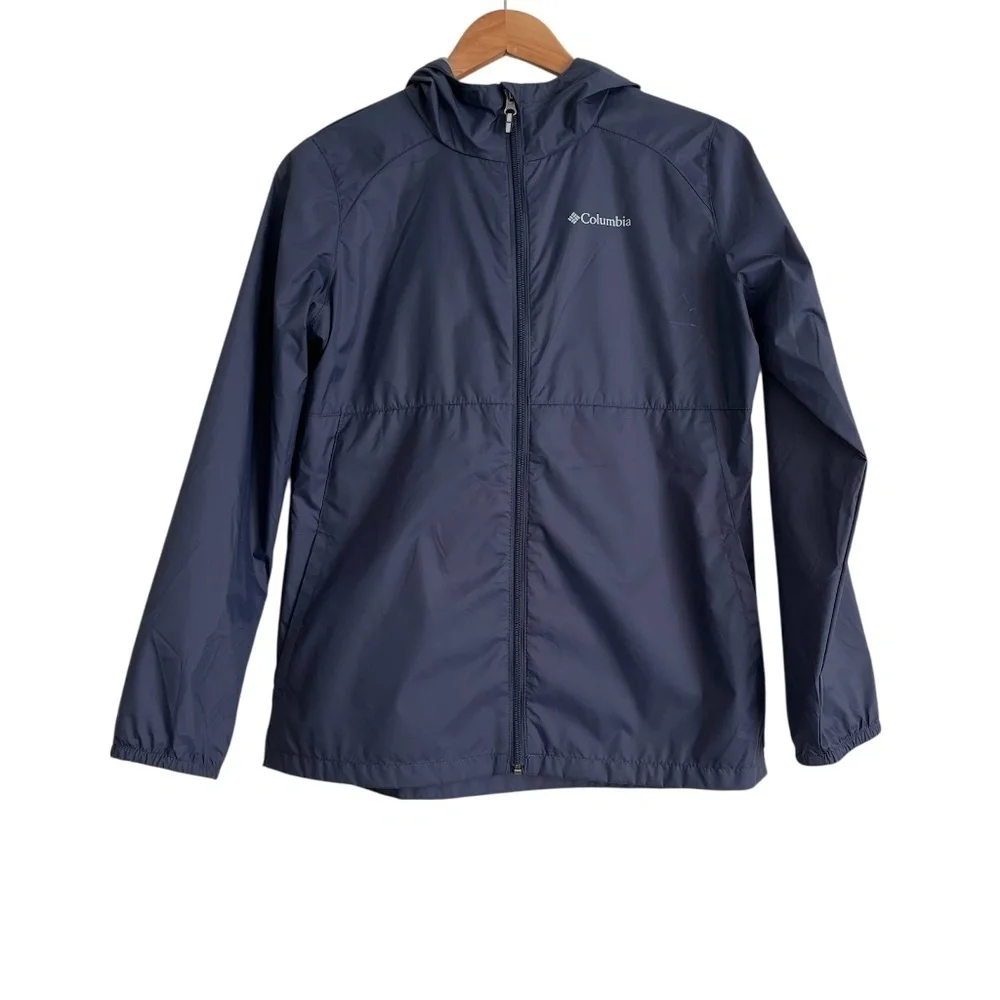 Columbia Unisex Kids Rain Jacket Sz XL 18-20 Navy Blue Windbreaker Light Hooded